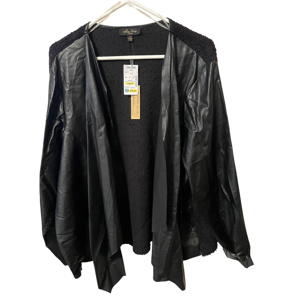 Melissa Paige Woman Black Faux Leather Boucle Knit Open Front Cardigan Jacket 3X